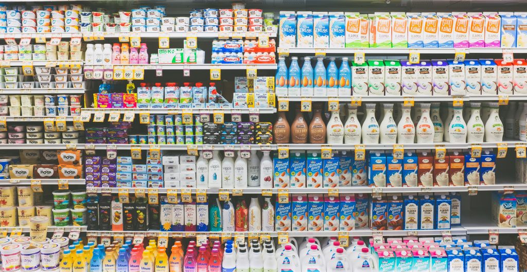 Supermarket fridge with drinks.